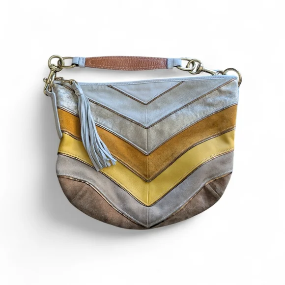 Coach Vintage Soho Limited Edition Chevron Leather Suede Hobo Bag Yellow White - Picture 1 of 14